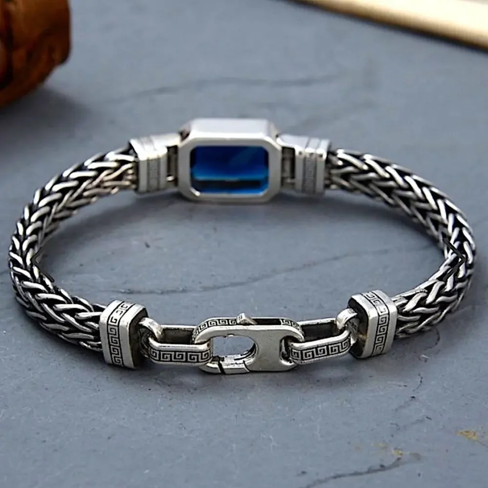 Sterling Silver Blue Zircon Braided Bracelet, Unisex, Handmade